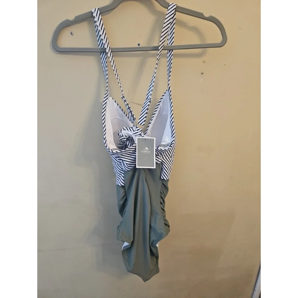 Eomenie Women‎ Swimsuit Oilve Green Black Strips Size Medium